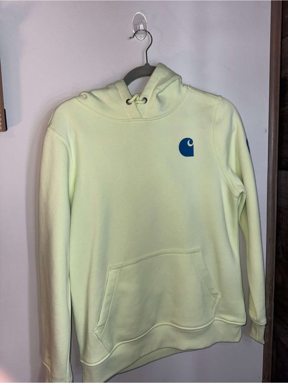 Carhartt Neon Yellow-Green Pullover Hoodie with Blue Logo